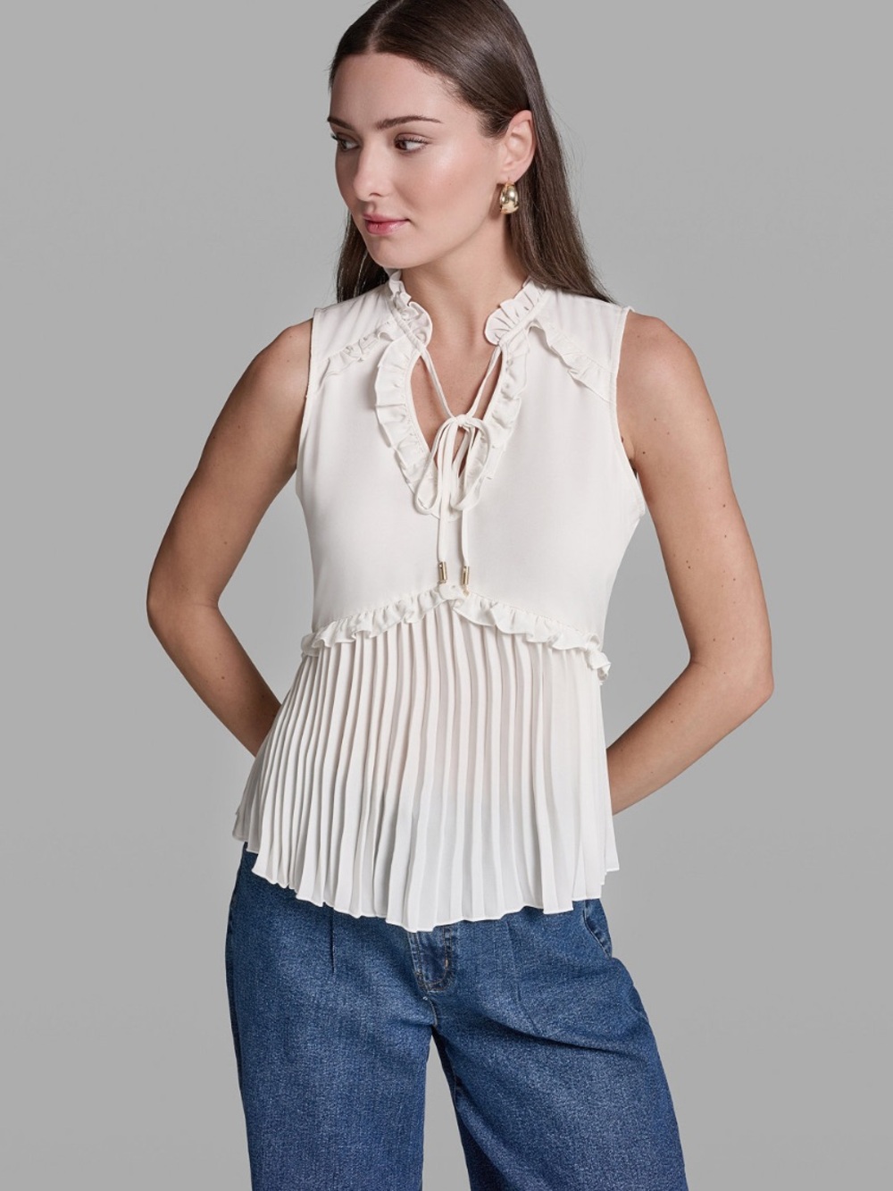 BCBG Ruffle Tie-Neck Pleated Shell Top - Cream